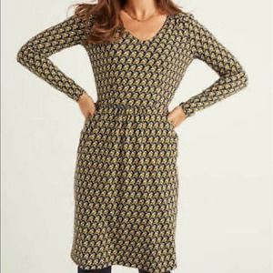 Boden Romilly Jersey Dress Bird Print Pockets V-neck long sleeve